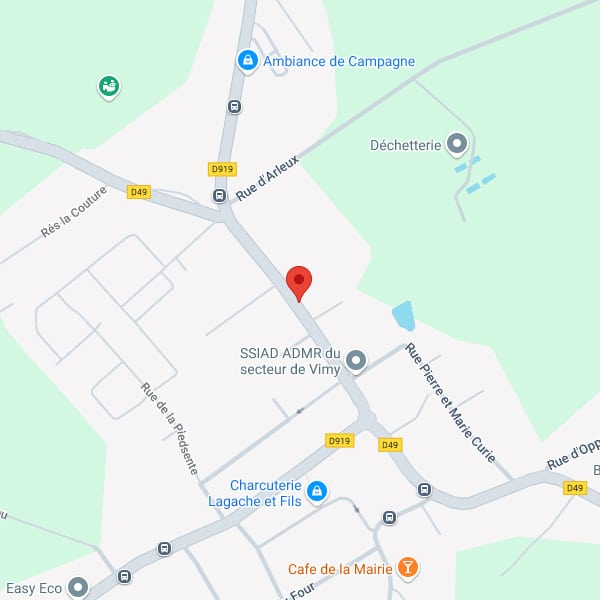 Carte routière avec marqueur rouge sur D919. Visualise SSIAD ADMR Vimy, Déchetterie, Ambiance de Campagne et Charcuterie.