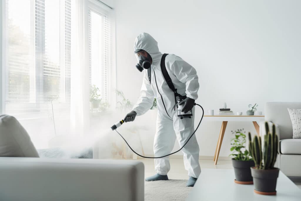 Professionnel en combinaison et masque à gaz fumige un canapé blanc dans un salon lumineux. Vapeur de désinfection visible.