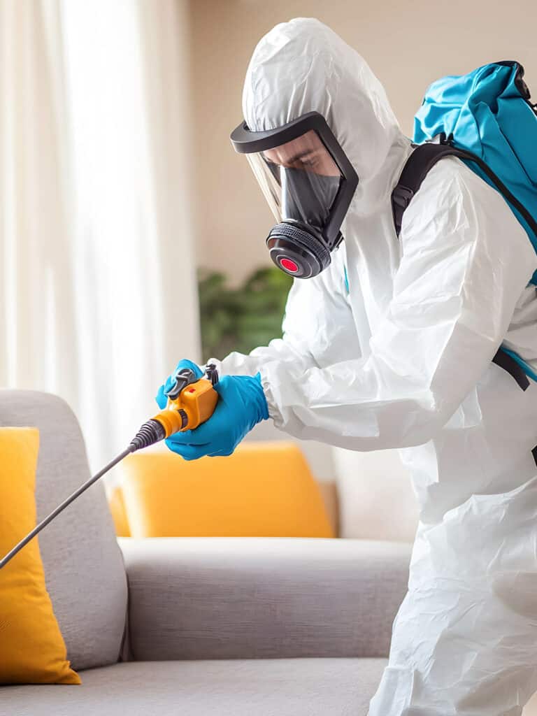 Désinfection Professionnelle de Maison : Protection et Hygiène Professionnel en combinaison blanche et masque respiratoire, désinfectant un canapé gris. Service de désinfection d'intérieur.